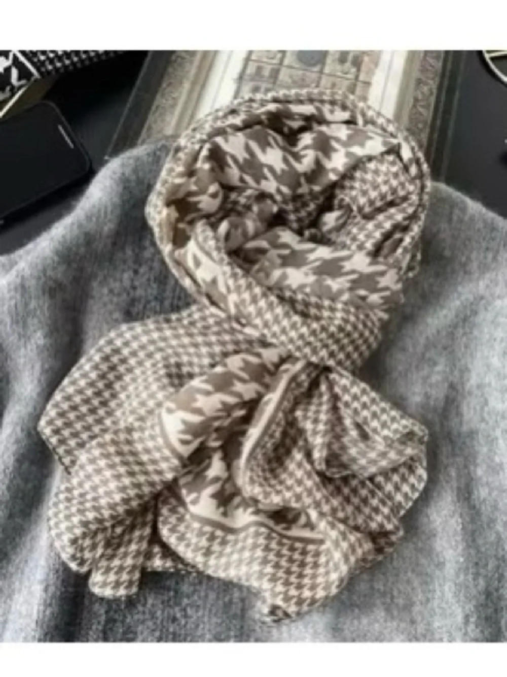 New! Beige Houndstooth Lightweight Scarf - Women’s Neutral Wrap